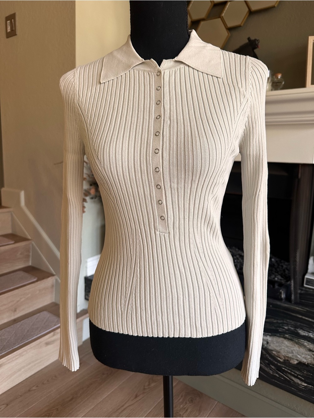 Zara Ribbed Knit Polo Shirt Beige Gray Quiet Luxury Long Sleeve Top | Size S